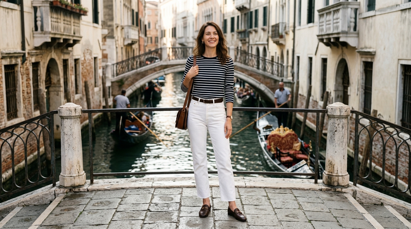 Navy-and-White Breton Striped Knit Top & White Denim Jeans
